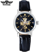 2016 WINNER china brand women watches luxury automatic self wind watch skeleton dial transparent glass silver case leather band