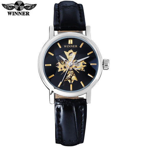 2016 WINNER china brand women watches luxury automatic self wind watch skeleton dial transparent glass silver case leather band
