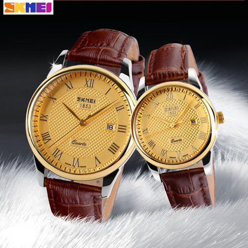 New SKMEI Lover's Watches Luxury Brand Quartz Watch For Men Women Fashion Casual Leather Dress Wristwatches Gold Black 2PCS