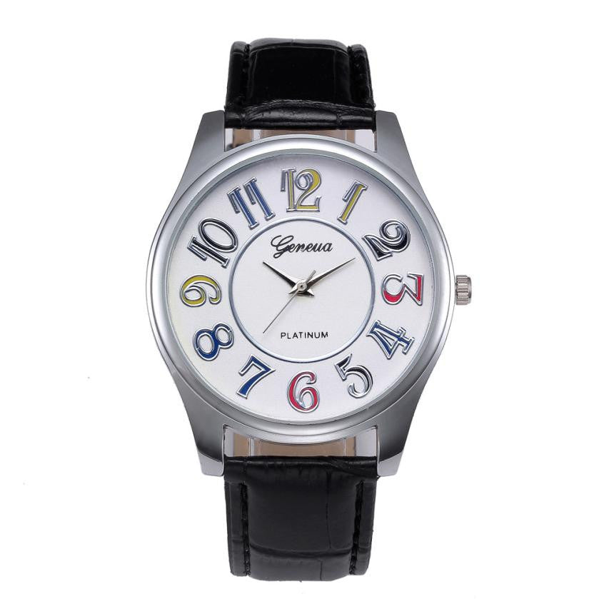 Fashion New Men Leather Belt Watch Stainless Steel Colorful Numbers Dial Quartz Wrist Watch Wristwatches Relogio Masculino