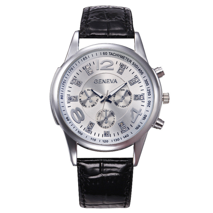 Geneva Top Brand High Quality Men Business Design Dial Leather Band Analog Quartz Wrist Watch Relogio Masculino