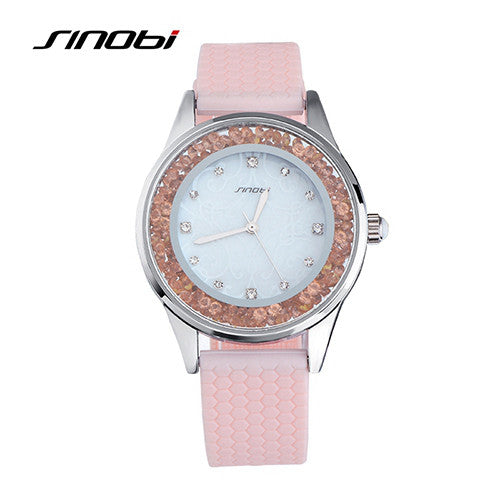SINOBI Fashion Quartz Watches Women Diamonds Wrist Watch Silicone Watchband Top Luxury Brand Ladies Dress Clock Female New