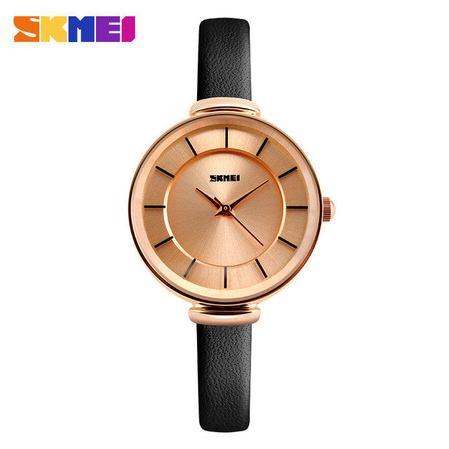SKMEI Fashion Casual Women Quartz Watch Leather Strap Luxury Brand Ladies Watches Gold Case Waterproof Women's Wristwatches