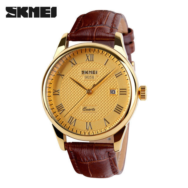 SKMEI Brand Luxury Lovers Quartz Watch Fashion Casual Watches 30m Waterproof Leather For Men Women Dress Wristwatches 9058