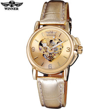 2016 WINNER popular brand women watches luxury automatic self wind watch skeleton dials transparent glass gold case leather band