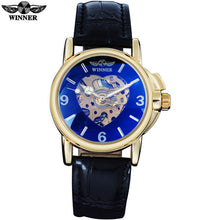 2016 WINNER popular brand women watches luxury automatic self wind watch skeleton dials transparent glass gold case leather band