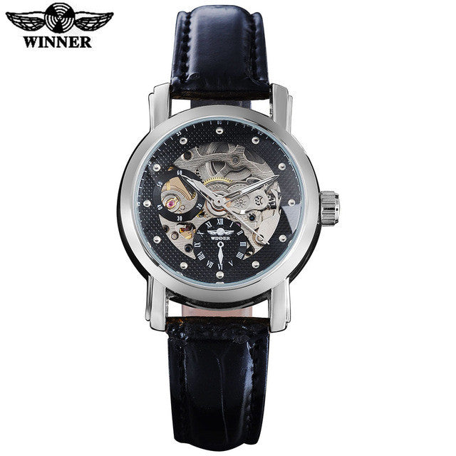 2016 WINNER famous brand women watchluxury automatic self wind watch skeleton dials transparent glass gold case leather band