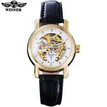 2016 WINNER famous brand women watchluxury automatic self wind watch skeleton dials transparent glass gold case leather band