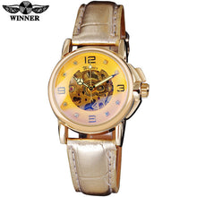 2016 WINNER popular brand women watches luxury automatic self wind watch skeleton dial transparent glass gold case leather band