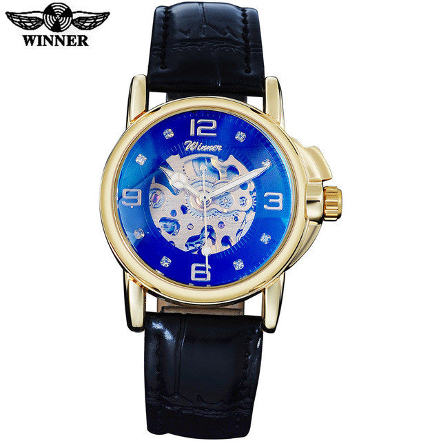 2016 WINNER popular brand women watches luxury automatic self wind watch skeleton dial transparent glass gold case leather band