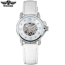 2016 WINNER popular brand women watches luxury automatic self wind watch skeleton dial transparent glass gold case leather band