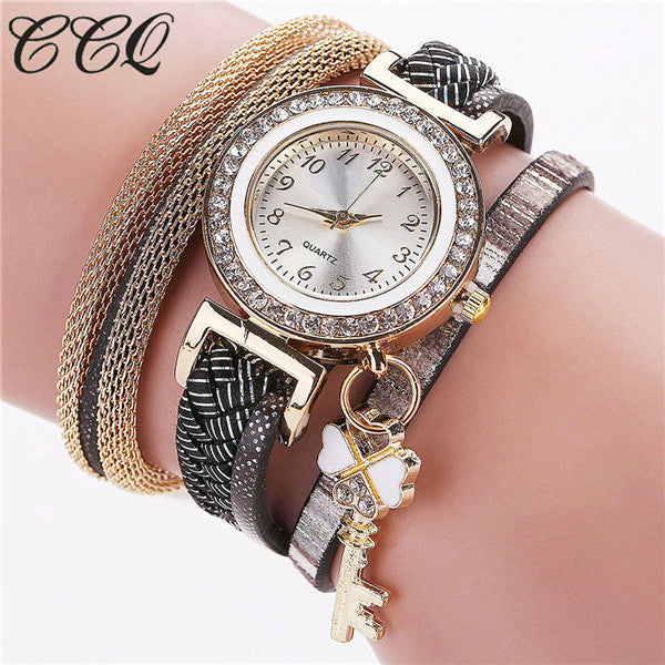 2017 New Fashion Gold Luxury Crystal Key Watch Casual Women Bracelet Watch Leather