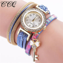 2017 New Fashion Gold Luxury Crystal Key Watch Casual Women Bracelet Watch Leather