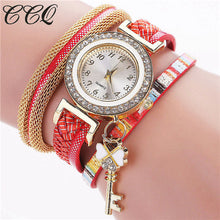 2017 New Fashion Gold Luxury Crystal Key Watch Casual Women Bracelet Watch Leather