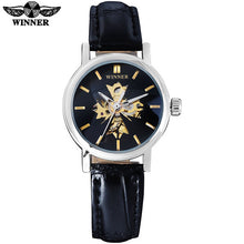 2016 WINNER china brand women watches luxury automatic self wind watch skeleton dial transparent glass silver case leather band