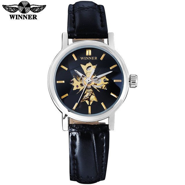 2016 WINNER china brand women watches luxury automatic self wind watch skeleton dial transparent glass silver case leather band