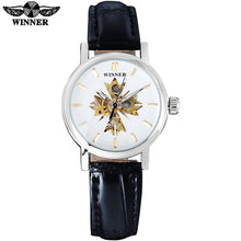2016 WINNER china brand women watches luxury automatic self wind watch skeleton dial transparent glass silver case leather band
