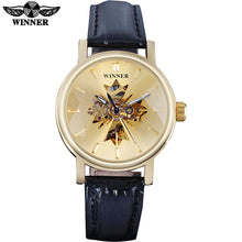 2017 WINNER famous brand women watches  luxury automatic self wind watch skeleton dials transparent glass gold case leather band
