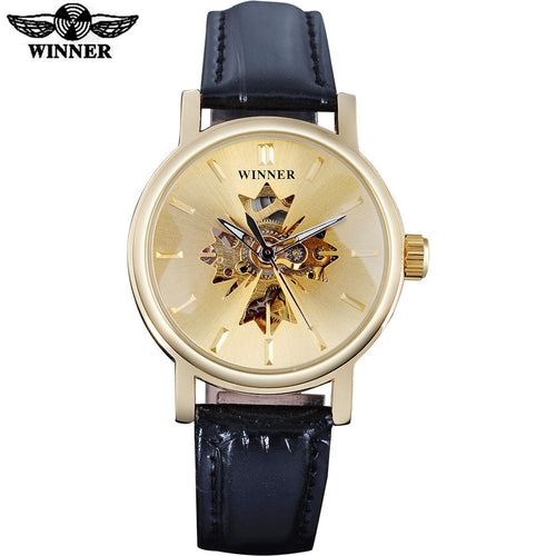 2017 WINNER famous brand women watches  luxury automatic self wind watch skeleton dials transparent glass gold case leather band
