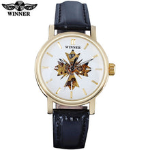 2017 WINNER famous brand women watches  luxury automatic self wind watch skeleton dials transparent glass gold case leather band