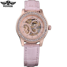 WINNER 2016 china brand women watches luxury mechanical hand wind watch skeleton pink dials rhinestone leather band montre femme