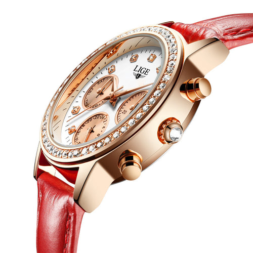 2016 LIGE Luxury Brand Women's Fashion Casual Leather Quartz Watch Ladies Diamond Dress Watches Relogio Feminino