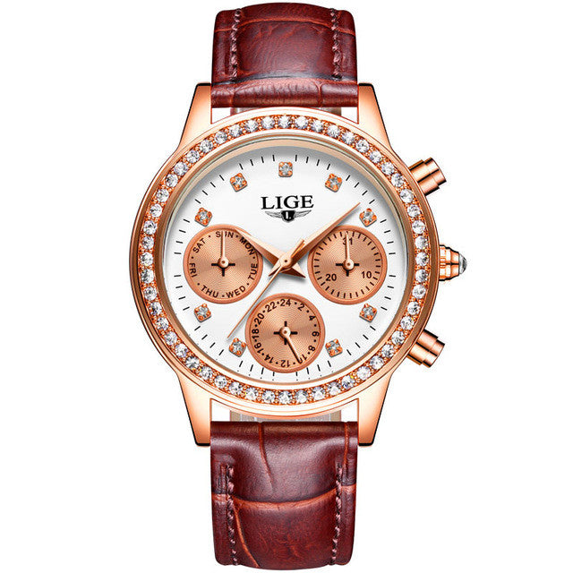 2016 LIGE Luxury Brand Women's Fashion Casual Leather Quartz Watch Ladies Diamond Dress Watches Relogio Feminino