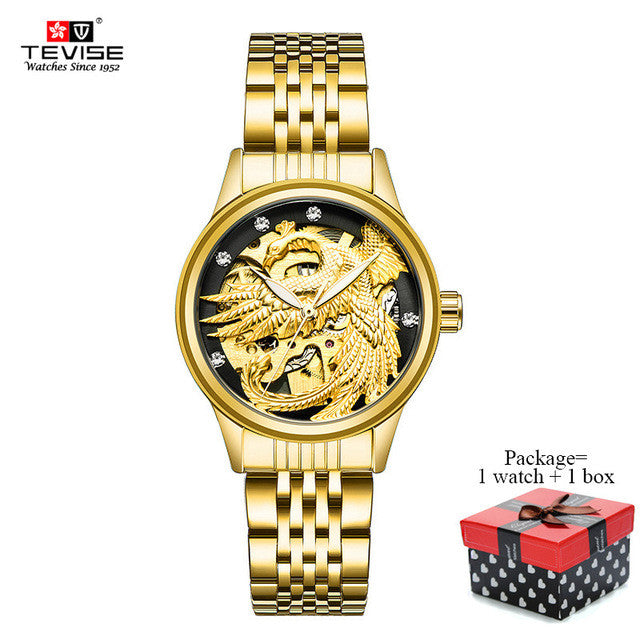 TEVISE Women Luxury Automatic Mechanical Stainless Steel Gold Eagle Watches Skeleton Self Wind Lady Wristwatches with box 9006