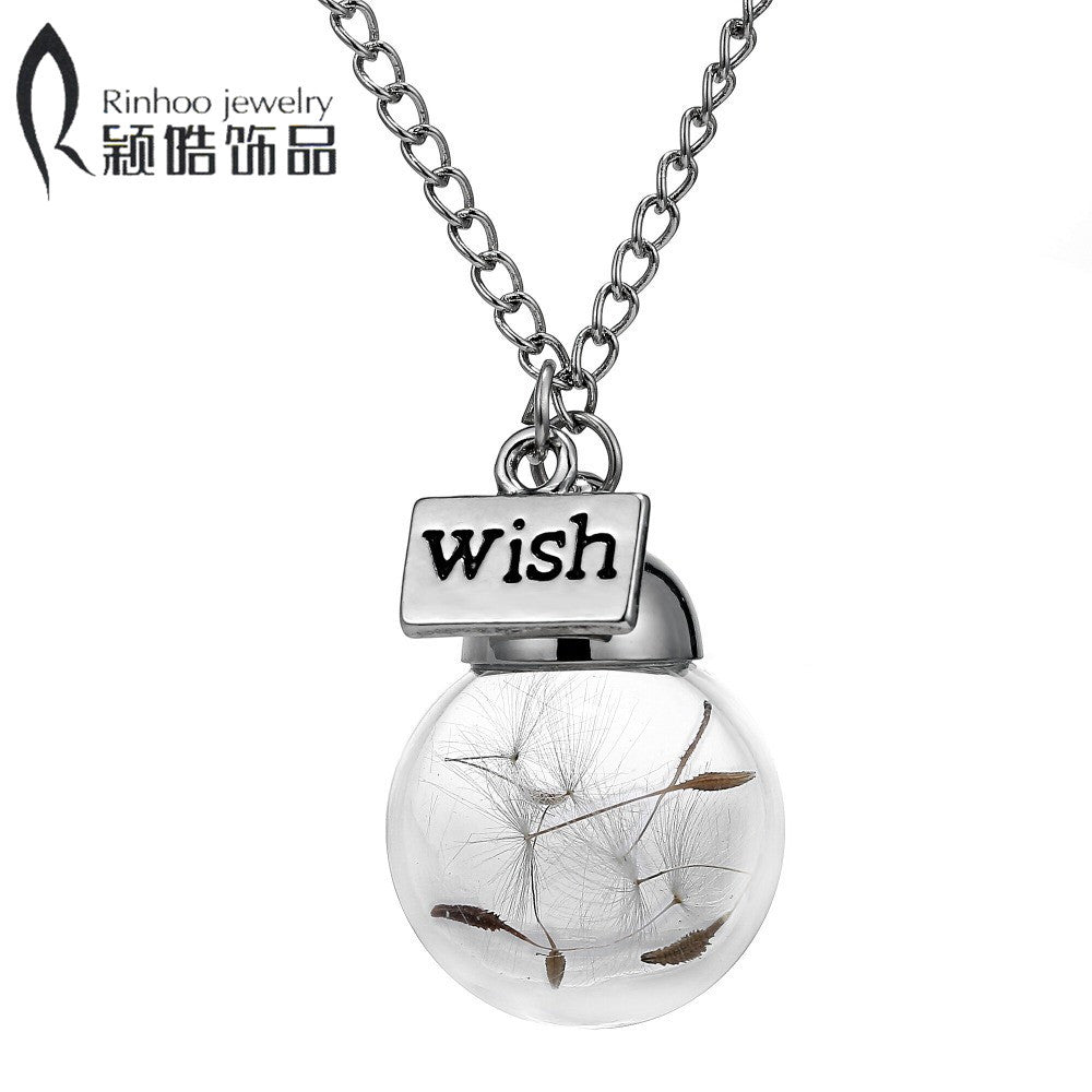 Glass bottle necklace Natural dandelion seed in glass long necklace Make A Wish Glass Bead Orb silver plated Necklace  jewelry