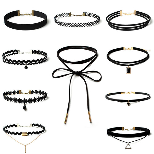 10 Pcs/pack  Black Lace Leather Velvet strip Choker Necklace Torques Multi layers Collar  Women Statement Jewelry