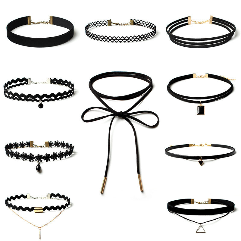 10 Pcs/pack  Black Lace Leather Velvet strip Choker Necklace Torques Multi layers Collar  Women Statement Jewelry