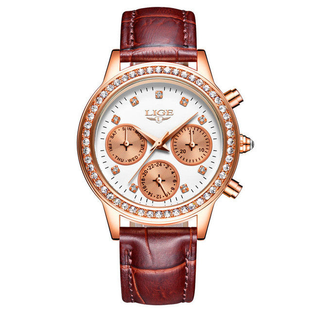 LIGE Luxury Brand Women's Fashion Casual Leather Quartz Watch Ladies Diamond Dress Watches Multi-function Relogio Feminino 2017