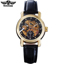 2016 WINNER famous brand women watchluxury automatic self wind watch skeleton dials transparent glass gold case leather band