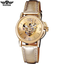 2016 WINNER popular brand women watches luxury automatic self wind watch skeleton dials transparent glass gold case leather band
