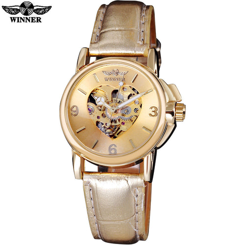 2016 WINNER popular brand women watches luxury automatic self wind watch skeleton dials transparent glass gold case leather band